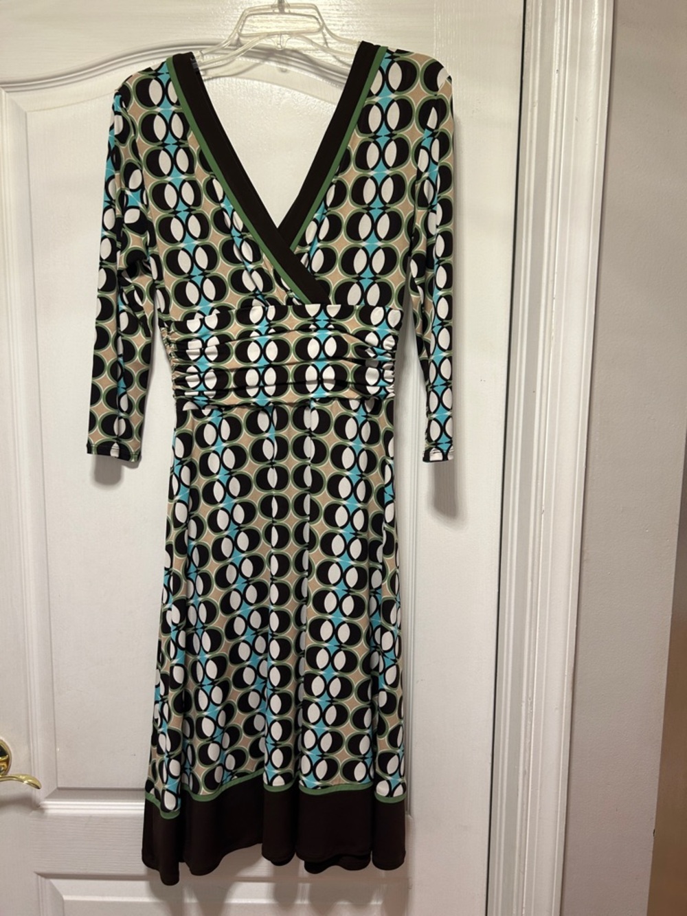 Studio I Black, Cream and Teal Geometric Wrap Midi Dress Sz 8